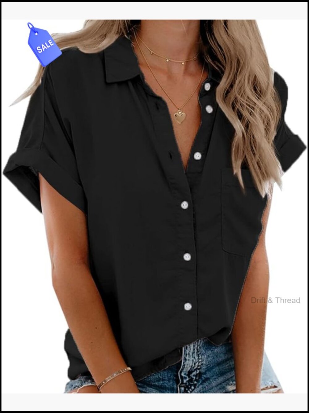 Short Sleeve V Neck Button Down Shirt with Pockets